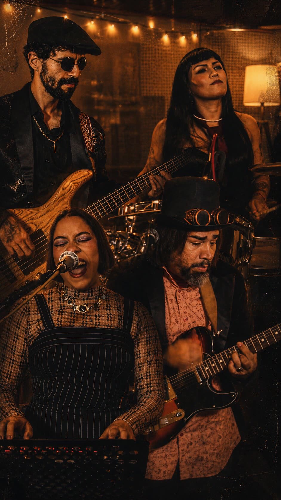 Banda completa tocando em estúdio de madeira com luzes quentes