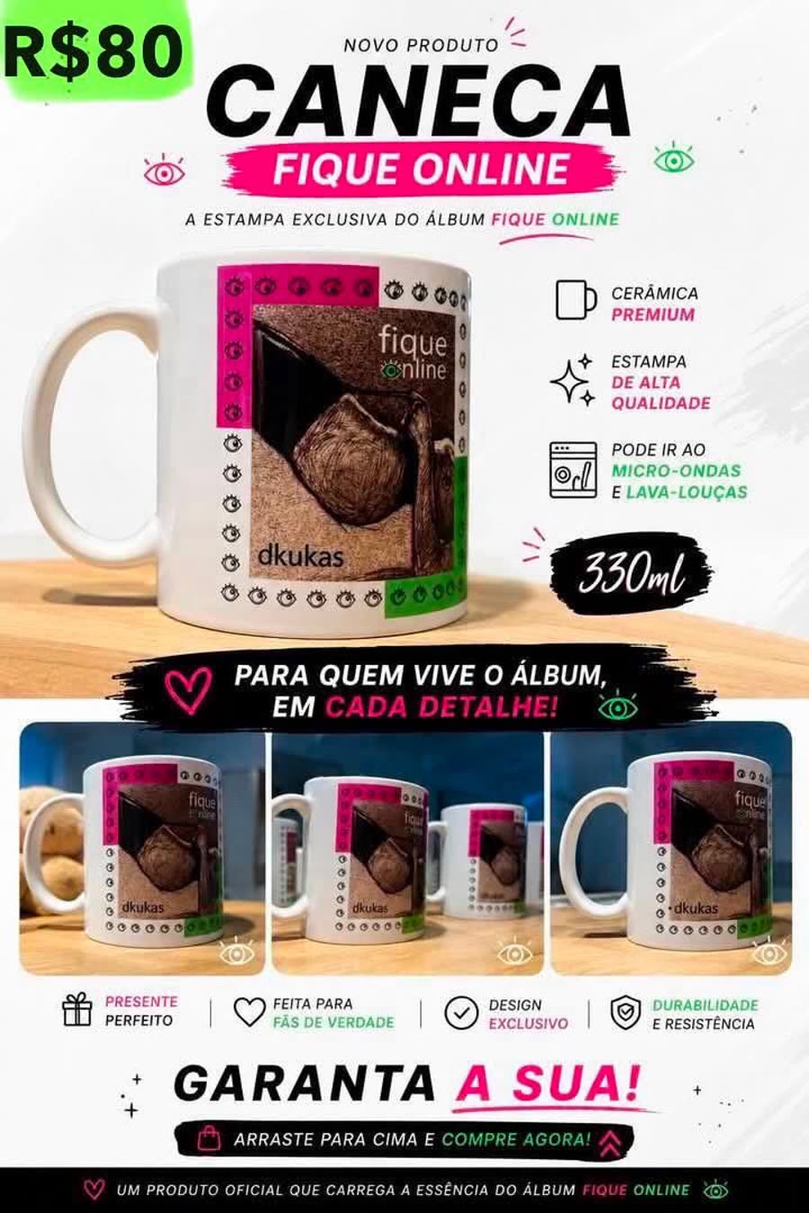 Caneca de cerâmica Fique Online da Dkukas com a estampa do álbum