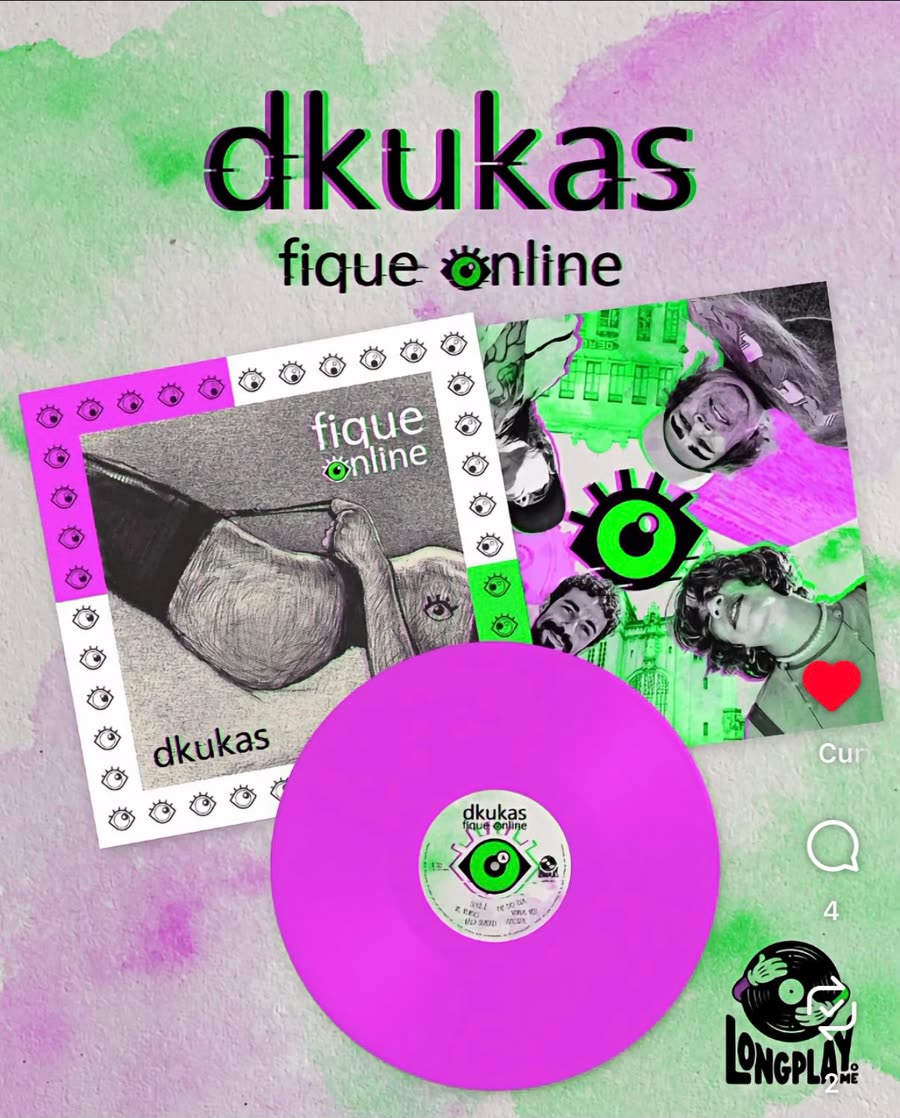 Disco de vinil rosa do álbum Fique Online da Dkukas, com capa em colagem rosa e verde